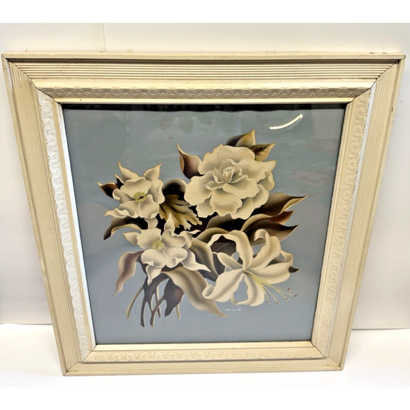 Vintage Turner Manufacturing Print 40s-50s Blue Background White Florals signed - Picture 1 of 10